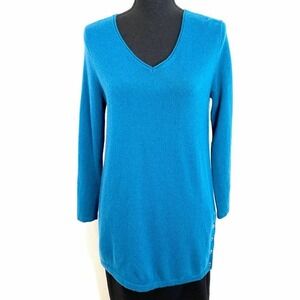 J Jill Women Sweater Ribbed V‎ Neck Cashmere Wool Blue Pullover Work Size Small